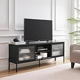 Furniturebox UK Black Metal and Glass TV Stand - Kafe - TV Unit - Cabinet - 2 Glass Panel Doors With Shelving - Living Room Bedroom Storage - Console Cabinet - Modern Industrial With Retro Elements