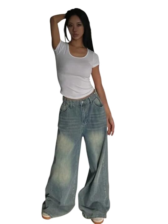 Image of KOTTY Women Trendy Wide Leg Jeans High Waist Baggy Fit Denim Streetwear Jeans