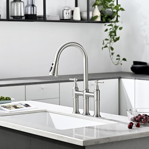 Robinet de cuisine 3 trous nickel brossé avec douchette extractible durable
