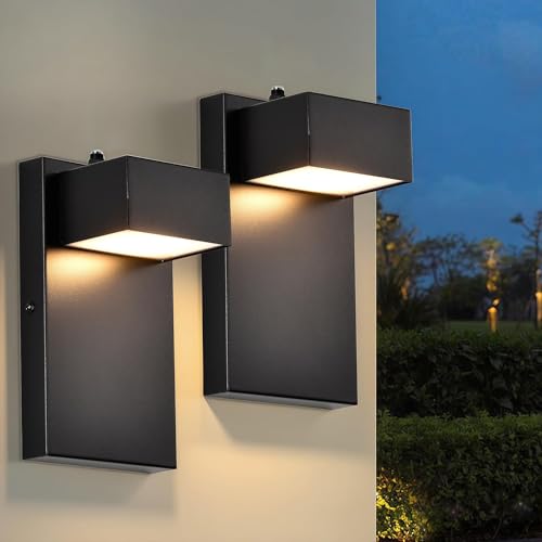 Alighting Dusk to Dawn Modern Outdoor Wall Lights 2-Pack, Black LED Exterior Wall Sconces 3000K Warm White, Weatherproof Rust-Resistant Outdoor Light Fixtures for Porch, Patio, Garage, Entryway