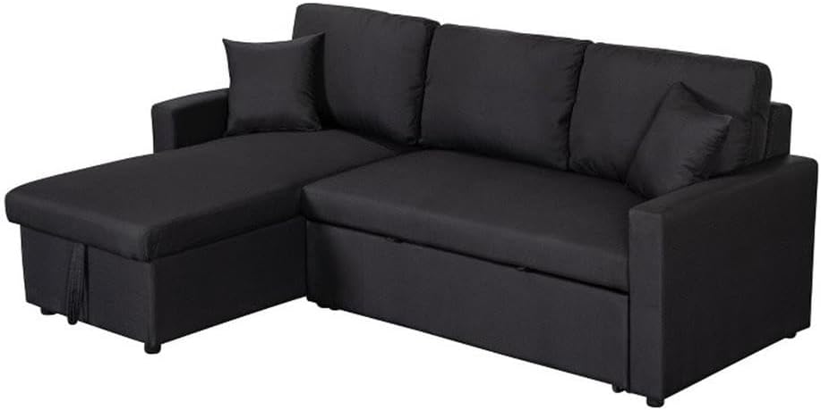 Pemberly Row Reversible Sleeper Sectional Sofa, Black Linen Fabric, Pull-Out Bed, Storage Chaise with Interior Space, Foam Seat Cushions, 2 Throw Pillows, Compact Design for Living Room Spaces