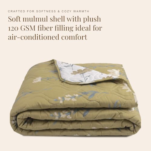Image of HUESLAND Reversible AC Quilt Blanket Single Bed | 100% Cotton Quilted Shell, Super Soft 120 GSM Microfibre Wadding | Lightweight Comforter for All Weather Use | 55 x 88 inches, Floral Fusion