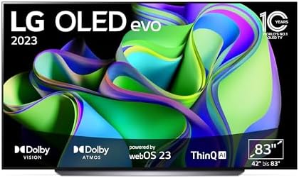 Eleganter LG OLED evo TV (83 Zoll) auf Standfuß in modernem Wohnzimmer.