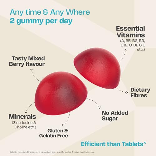 Image of Nutriburst Health & Vitality Gummies with Multi Vitamins A, B, C, D, E & Biotin | No-Added Sugar| Mixed Berry Flavor |100% Vegetarian| 60 Gummy (Pack of 3)