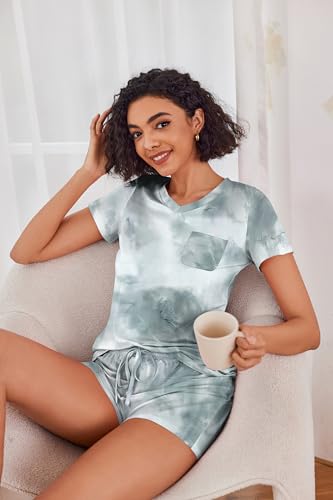 Image of Ekouaer Womens Pajama Sets Short Sleeve Pajamas for Women Sets Soft Lounge Sets Casual V Neck Sleepwear PJS