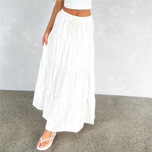 Y2k Women Boho Tiered Maxi Skirt Ruffle Pleated A Line Flowy Long Skirts Elastic Waist Beach Midi Skirt Casual3