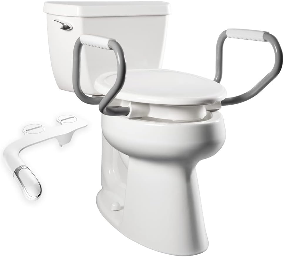 White Raised Toilet Seat with Handles and Bidet Attachment