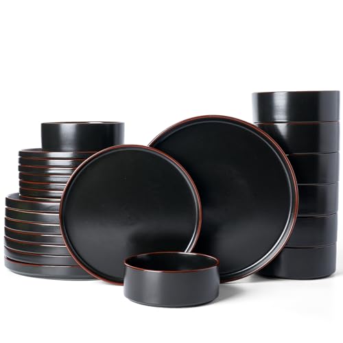 Image of Famiware Nebula Ridge Stoneware Dinnerware Sets for 8, 24 Pieces Plates and Bowls Sets, Dishes Set, Microwave and Dishwasher Safe Kitchen Plates, Matte Black