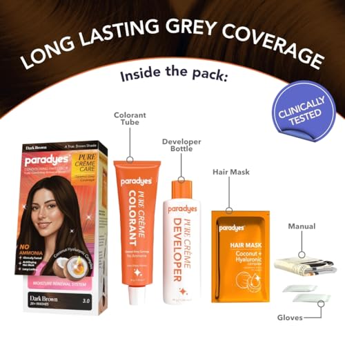 Image of Paradyes Pure Creme Care No Ammonia Hair Color Dark Brown 3.0 | Long-Lasting Creme Formula | Grey Coverage | Coconut Milk + Almond Oil + Hyaluronic Complex | Smooth & Shiny Finish | 60g+10 ml