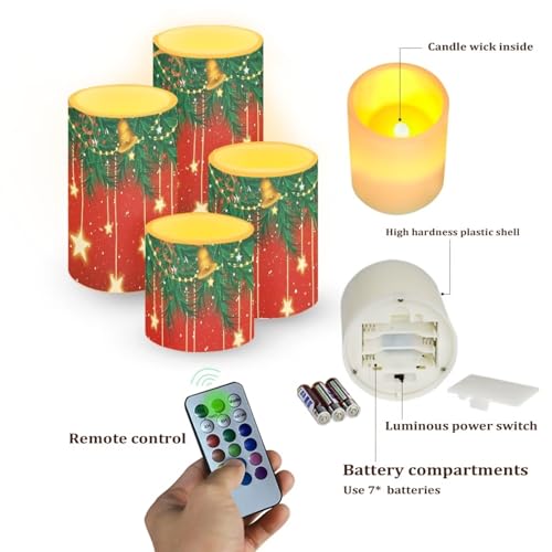 Image of Set of 4 Flameless LED Candles with Battery Powered Pillar Candles Tealights with Remote Timer Color Changing Christmas Bulb Lights Red