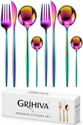 Image of 8 Pcs Rainbow Slim Handle Stainless Steel Cutlery Set for Dining Table with Spoons and Forks Set + Butterknives - The Perfect Tableware /Flatware