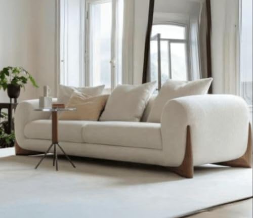 Image of Modern 3-Seater Sofa, Boucle Fabric, Curved Arms, Walnut Wooden Legs, (Beige, 3 Seater)