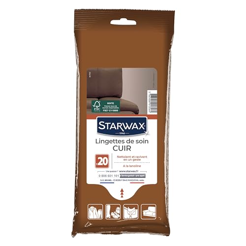 STARWAX - Lingettes de Soin Cuir - Nettoie en Douceur et Ravive - A la Lanoline - Anti Dessèchement - Sans Solvant - Fabriqué en France - 20 Lingettes