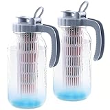 Mason Jar Pitcher With Fruit Infuser 2 Quart Water Pitcher With Pour Spout Lid 2 Pack Half gallon Wide Mouth Glass Carafe For Milk, Fruit Infused Water, Iced Tea, Lemonade, Cocktail, Cold Brew Coffee