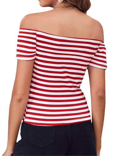 LilyCoco Striped Off The Shoulder Tops for Women Short Sleeve Sexy Fitted Pirate Shirt2