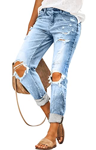 KUNMI Women's Ripped Mid Waisted Boyfriend Jeans Loose Fit Distressed Stretchy Denim Pants4