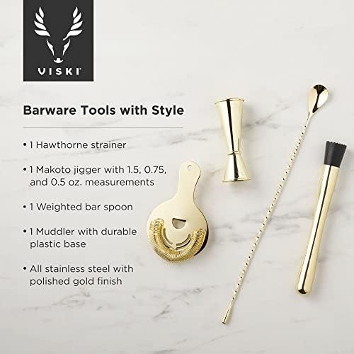 Viski Bartender Kit for Mixed Drinks and Cold Brew Cocktails, Includes Boston Cocktail Shakers, Mixing Glass, Jigger, Muddler, Strainer, Bar Spoon for Home Bar Tools, Bartender Gifts, 7-Piece, Gold - Thumbnail 4