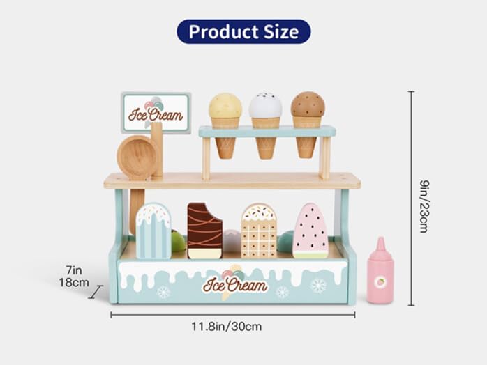 Wooden Ice Cream Shop Play Set for Kids – Pretend Play Dessert Stand with Cones, Popsicles, Scooper & Menu Board – Montessori Role Play Toy for Toddlers Age 3+