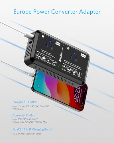 Universal Travel Adapter 220V to 110V Voltage Converter US to Europe 2000W Travel Voltage Converter with 2 USB Ports and EU/UK/AUS Plug Adapter for Hair Dryer/Curling Iron (Black)2