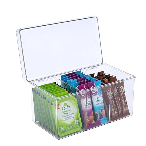 Punorric Drink Pouches Holder with Lid - 3 Compartment Storage Container for Tea Bags and Snacks in Your Pantry