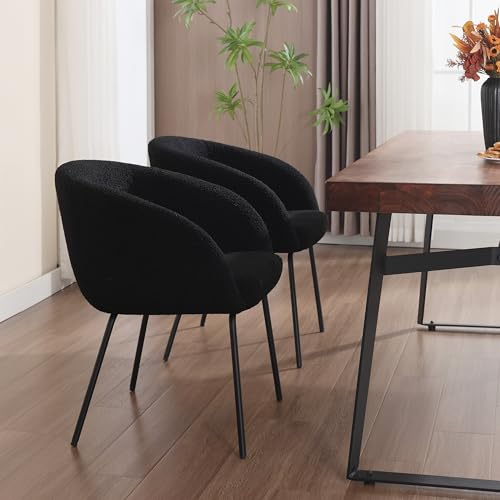 Zesthouse Sherpa Dining Chair Makeup Vanity Chair for Girls Women, Modern Teddy Fabric Kitchen Chair, Boucle Desk Chair Accent Armchair for Living Dining Room Bedroom, Black - Thumbnail 6