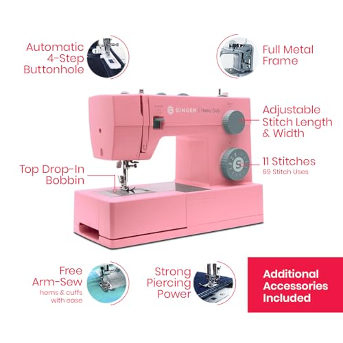 Image of SINGER 4411 (Pink) High Speed Heavy Duty Sewing Machine with Accessories | 11 stitches deliver 69 applications, 50% more power for denim and canvas, metal frame, 4-step buttonhole, 1100 stitches /min