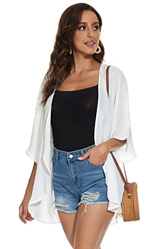 Women Summer Tops Kimono Cardigans Sheer Beach Cover Ups Chiffon Open Front Shirts （White,Xl #TOP4