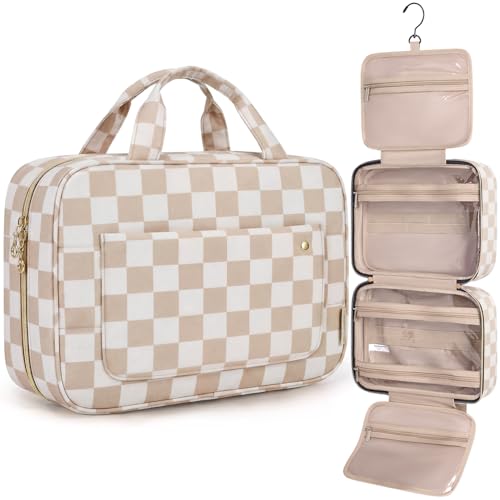 Image of BAGSMART Toiletry Bag Travel Bag with Hanging Hook, Water-resistant Makeup Cosmetic Bag Travel Organizer for Accessories, Shampoo, Full-size Container, Toiletries (Khaki Checkerboard, Large)