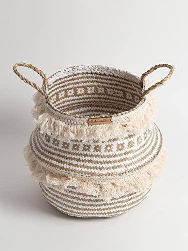 Image of Habere India-All The Cultures Fabricating India Wicker Basket For Plants | Seagrass Baskets Home Decor | Bamboo Storage Organiser | Bamboo Planter Baskets Cylindrical (S) - White (Dia 25 x H22 cm)
