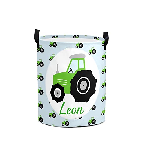 Custom Green Tractors Pattern Laundry Hamper Personalized Laundry Basket with Name Storage Basket with Handle for Bathroom Living Room Bedroom