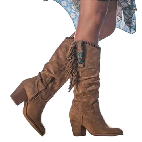 AHUFGN Botas Cowboy Botas Altas hasta la Rodilla con borlas Vintage for Mujer, de Gamuza sintética, con tacón Cuadrado, Estilo Western, Botines Cortos con Punta Puntiaguda, Talla Grande 43(Brown,35)