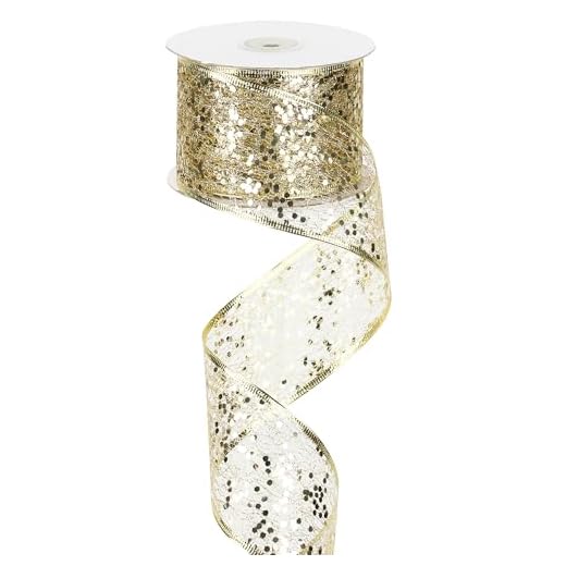 MEEDEE Champagne Gold Glitter Wire Mesh Ribbon with Sparkle - Metallic 2.5 Inch Christmas Ribbon for Tree Decoration & Wreath Bow Making (25 Yards)
