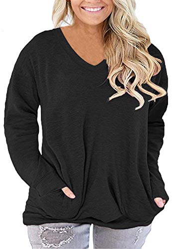 ROSRISS Plus-Size-Tops for Women Long Sleeve V Neck Shirts Oversized Pockets Tunics