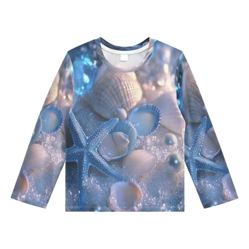 DOMIKING Seashell Pearl Blue Boys Long Sleeve Rashguard Shirt Kids Quick Dry Swim Shirt for Toddler Kid 9-10T
