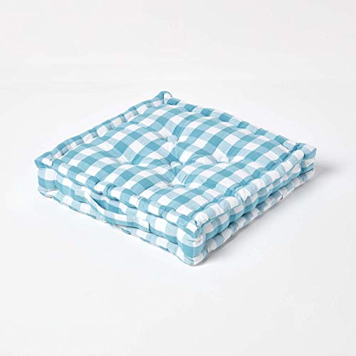 HOMESCAPES Blue and White Gingham Floor Cushion Block Check Pattern 100% Cotton Cushion Pad Large 50 x 50 x 10cm Square Outdoor Garden Cushion or Indoor Dining Chair Booster Seat