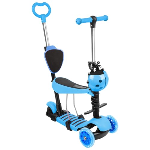 OHMG Patinete con asiento 5 en 1,3 ruedas, bandeja antideslizante LED, patineta ajustable en altura, ideal para niños de 3 a 8 años, Scooter para niñas y niños (F-Bleu)