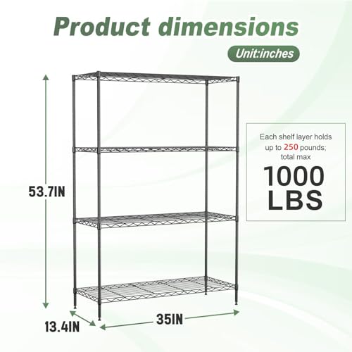 Image of BestOffice 4-Tier Wire Shelving Unit, 1000 LBS Heavy Duty Metal Storage Shelves, Adjustable Wire Shelf for Garage, Kitchen, Pantry, Utility Shelving Rack with Leveling Feet, Black