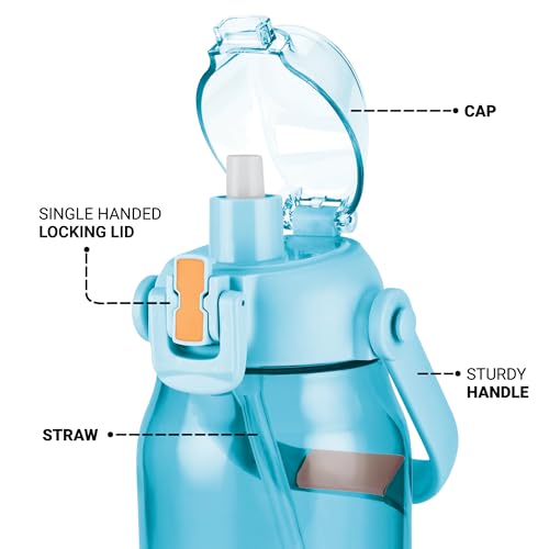 Image of MILTON Juwel 1000 Premium Crystal Clear Unbreakable Material Sipper Water Bottle|BPA Free|One-Touch Open|Leak-Proof|Sturdy Handle Cum Mobile Holder|Ideal for Office, School, Gym, 975ml, Turquoise Blue