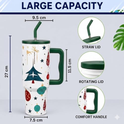 Image of Stainless Steel 1200 ml Vacuum Tumbler with Lid & Straw - Double‑Wall Insulated Cup for Travel, Gym & Office - Keeps Beverages Hot or Cold - 1.2 L Capacity (Cristmas Green)