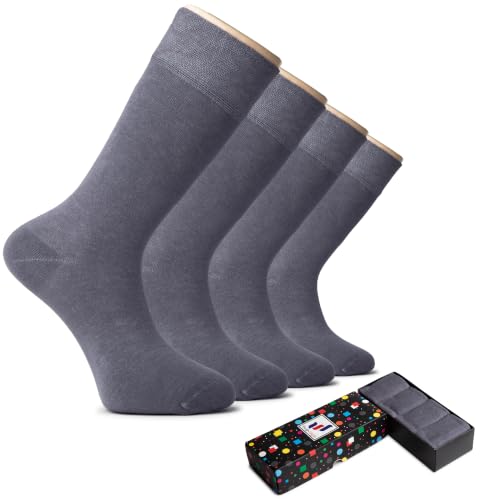 Hugh Ugoli Mens Rayon Dress Socks for Business & Trouser Thin & Seamless Crew Socks 4 Pairs with Gift Box Grey Shoe Size: 8-12