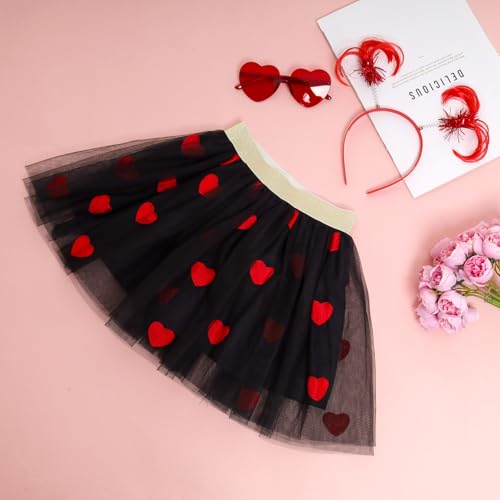 Image of 3Pcs Valentine's Tulle Skirt Sets Heart Embroidered Ballet Skirt with Heart Glasses Ponytail Headband for Girls
