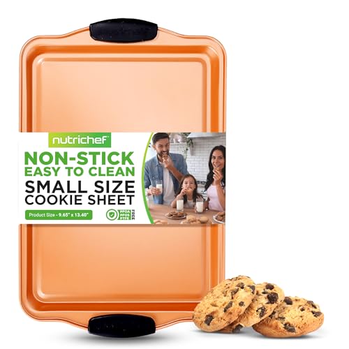 NutriChef 13” Non Stick Cookie Sheet, Small Copper Commercial Grade Restaurant Quality Carbon Metal Bakeware with Black Silicone Handles, Compatible with Model NCSBS3S45, NC5PCS