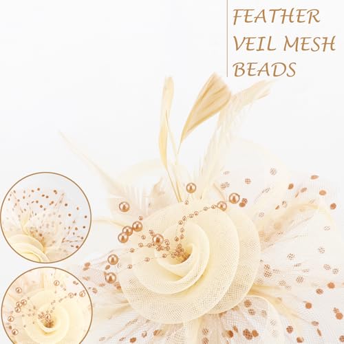 Image of DRESHOW 1920s Vintage Fascinators Hat for Women Veil Mesh Tea Party Derby Hat Bow Satin Gloves Pearl Jewelry Set for Cocktail