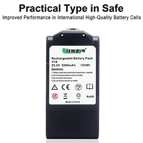 Image of Biswaye 25.2V 5.0Ah V10 Replacement Battery Compatible with Dyson Cyclone V10 SV12 Animal Absolute Allergy Cordless Vacuum, Rechargeable Lithium Ion with 2 Filters (NOT for V6 V7 V8 V11 V12 Vacuums)