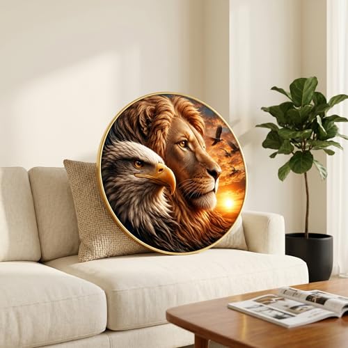 Image of SAF Lion Eagle Round Wall Painting with Premium PVC Golden Frame, Wildlife Sunset King Power Art for Living Room Office Bedroom Home Decor Gift (12 x 12 Inch) GRS-457