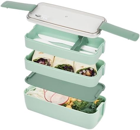 Bento Tek 30 Ounce Bento Box, 1 Stackable 3 Compartment Lunch Container - With Fork And Knife, Does Not Contain BPA, Green Plastic Reusable Lunch Box, Microwavable, Dishwashable - Restaurantware - Image 2