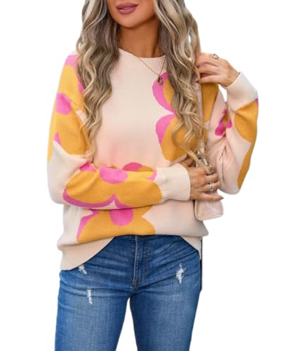 Image of Sumleno Womens Cute Color Block Flower Pattern Sweaters Crewneck Pullover Tops Kawaii Aesthetic Fall Winter Knitwear
