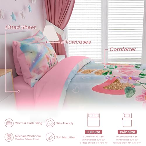 Image of SANDJEST Unicorns Bedding Set for Girls Kids Teen Tween, Ultra Soft Microfiber Comforter Set Twin Size with 3-Pieces, Comforters Bed Sets Bedroom Decor