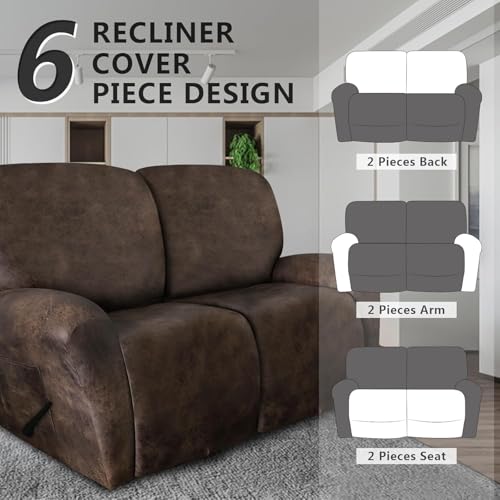 Image of molasofa Loveseat Recliner Slipcover Large Size Oversized - 6 Pieces Stretch Leather Like Recliner Sofa Cover for 2 Seat Dual Reclining Loveseat (Dark Brown)