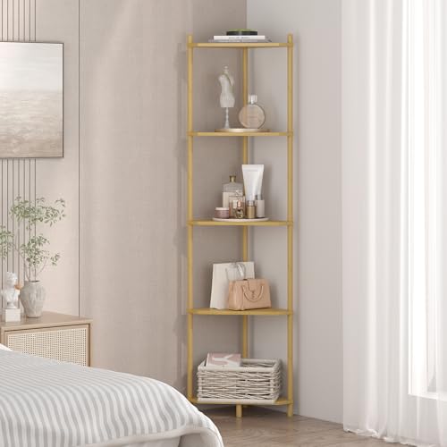 Wisuce Corner Shelf Stand - 5 Tier Natural Bamboo Small Corner Bookshelf for Office Kitchen Bedroom Plant Stand Living Room Decor Small Space - Image 6